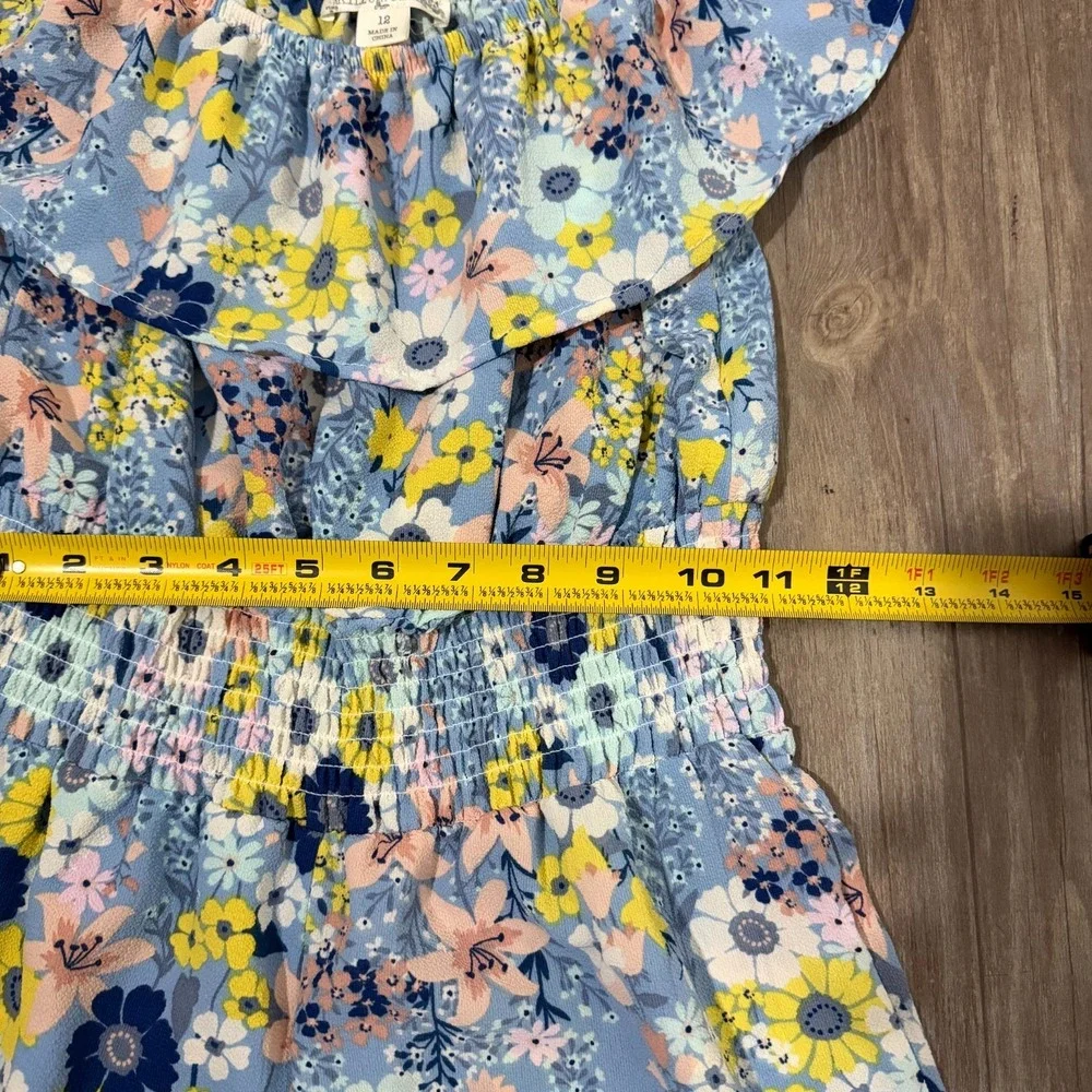 Knit Works Romper Girls 12 Blue Floral Ruffle Smocked Off The Shoulder One Piece